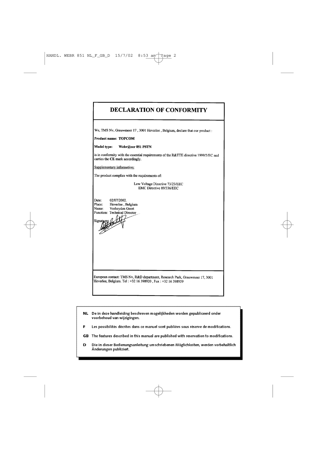 Topcom 851 PSTN manual HANDL. Webr 851 Nlfgbd 15/7/02 853 am 