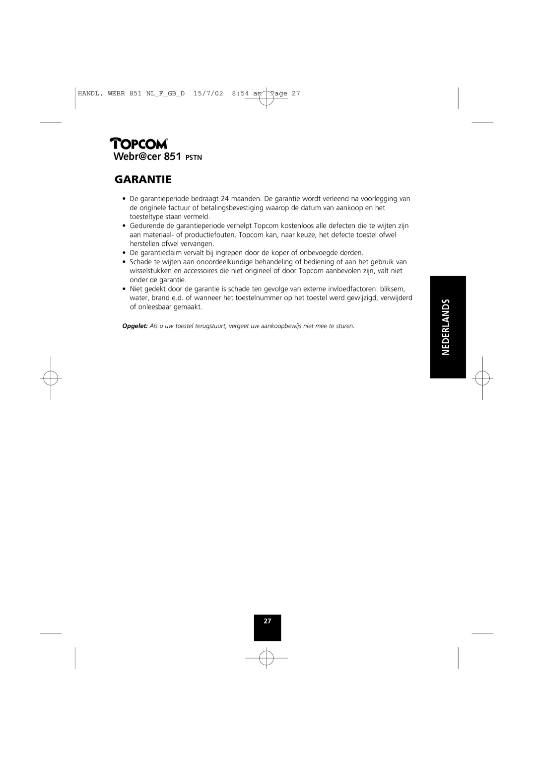 Topcom 851 PSTN manual Garantie 