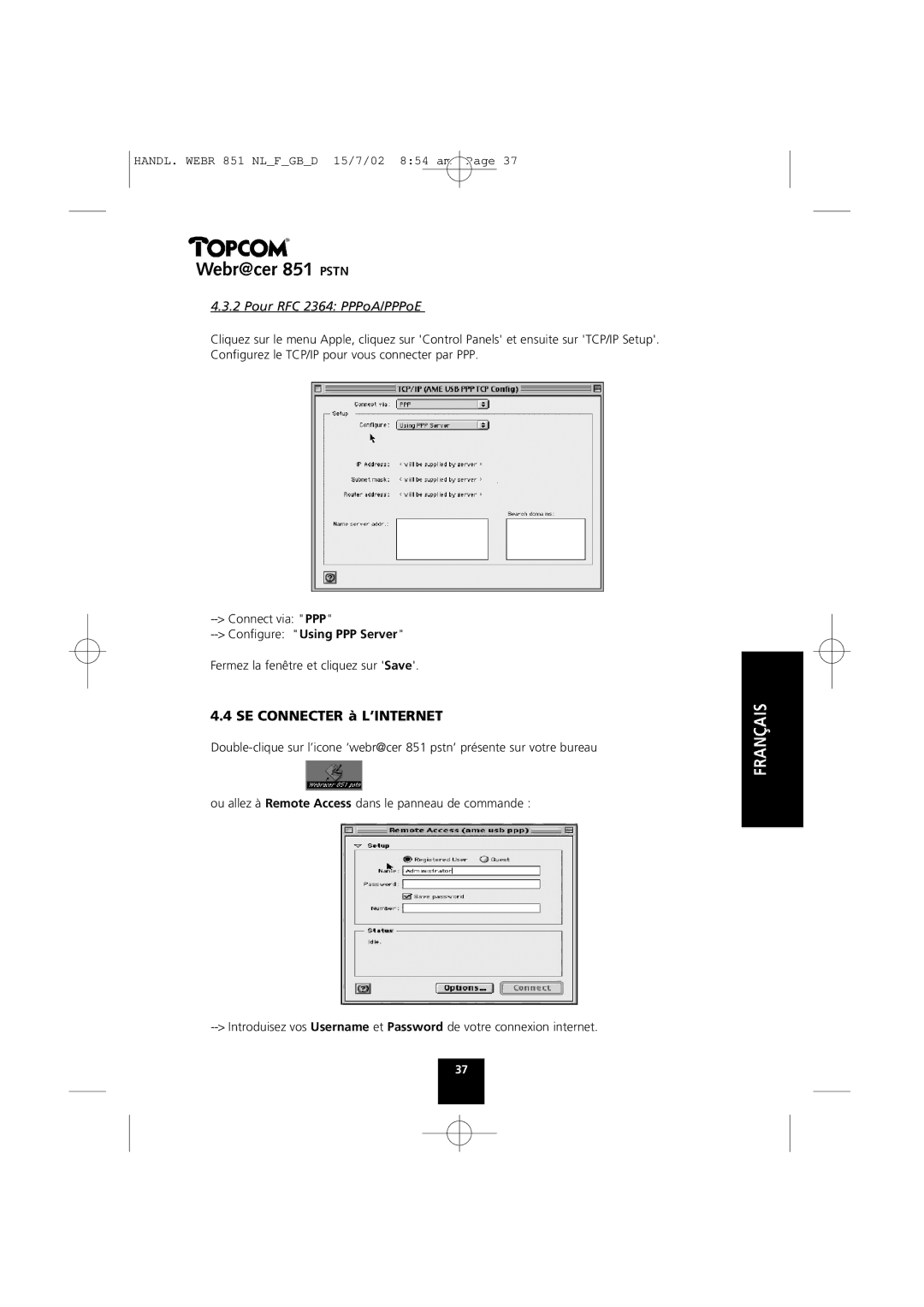 Topcom 851 PSTN manual SE Connecter à L’INTERNET, Pour RFC 2364 PPPoA/PPPoE 