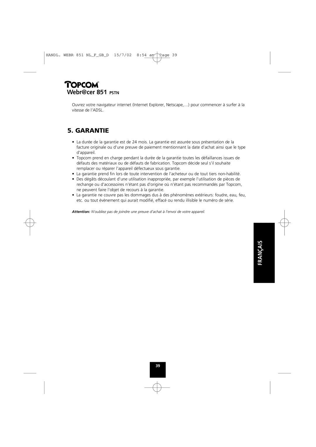 Topcom 851 PSTN manual Garantie 