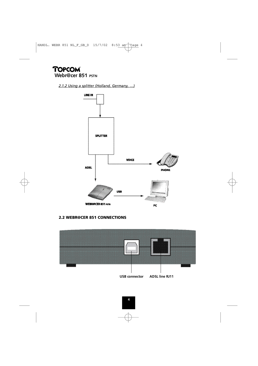 Topcom 851 PSTN manual WEBR@CER 851 Connections, Using a splitter Holland, Germany, … 