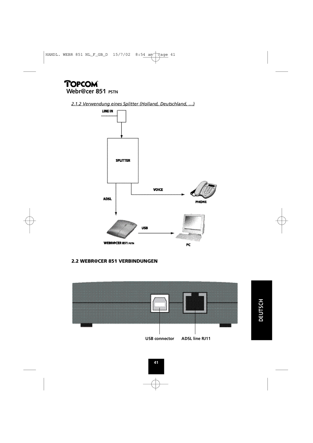 Topcom 851 PSTN manual WEBR@CER 851 Verbindungen, Verwendung eines Splitter Holland, Deutschland, … 