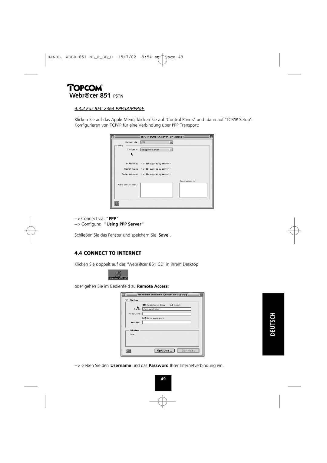 Topcom 851 PSTN manual Connect to Internet, 2 Für RFC 2364 PPPoA/PPPoE 