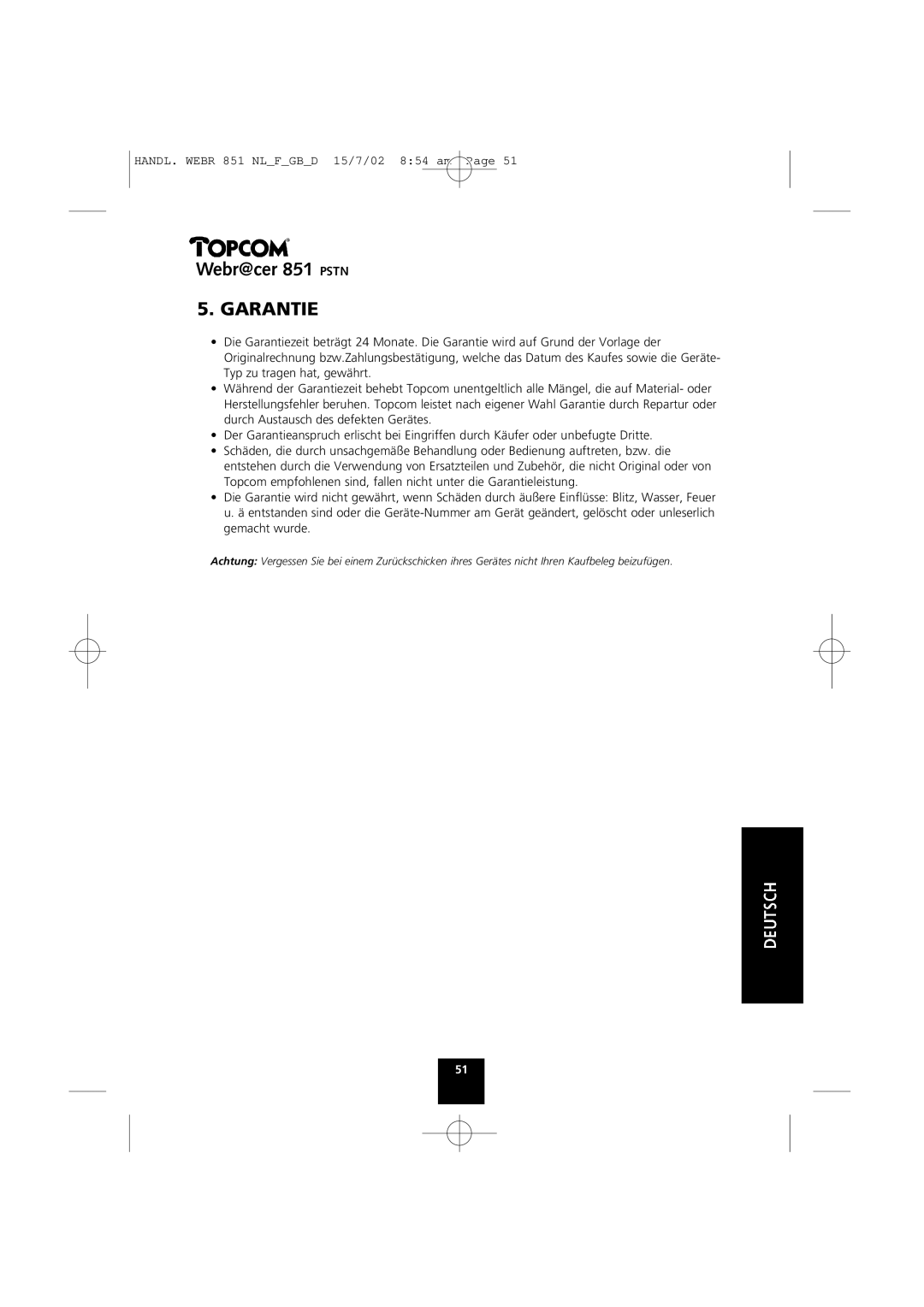 Topcom 851 PSTN manual Garantie 