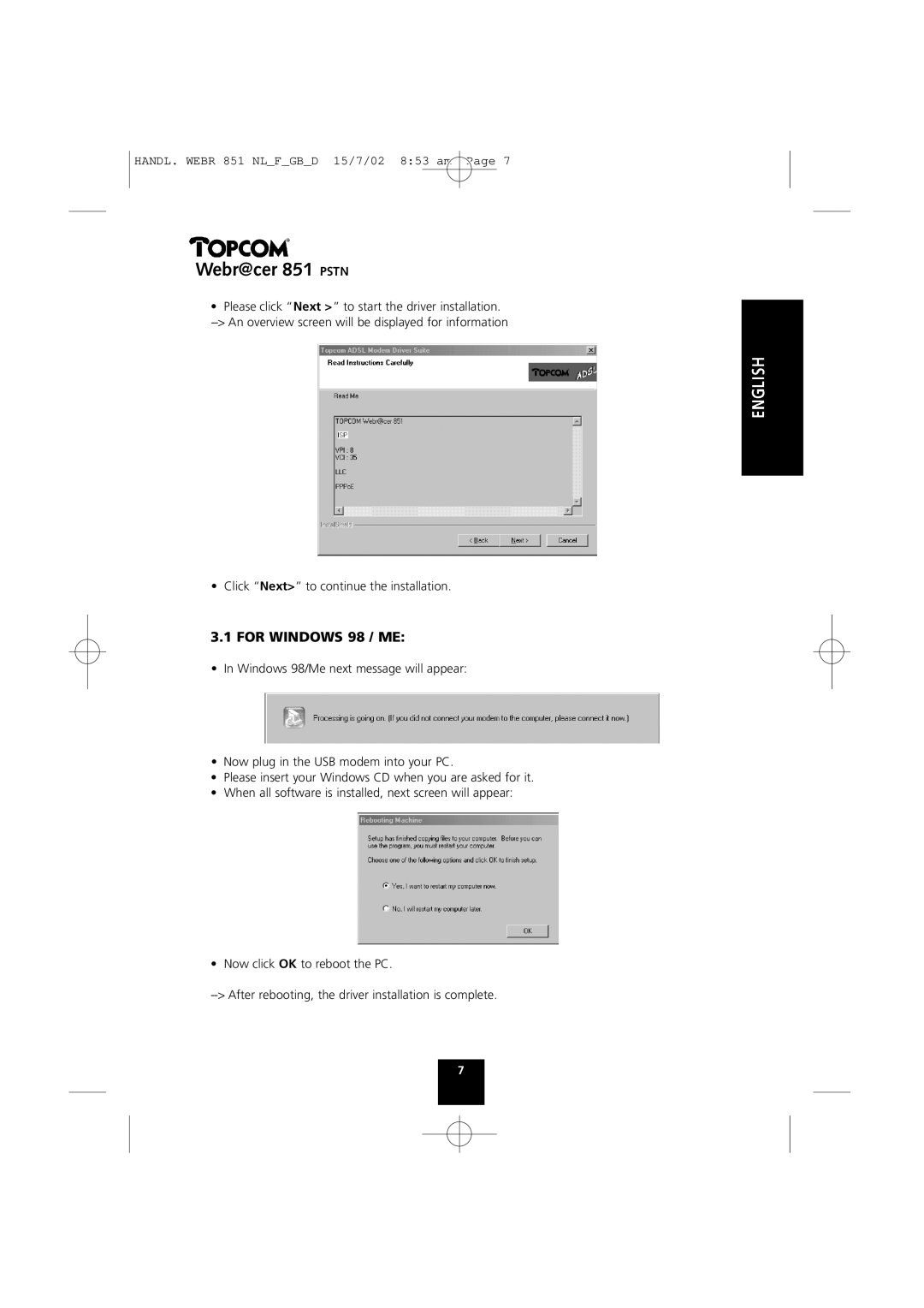 Topcom 851 PSTN manual For Windows 98 / ME 