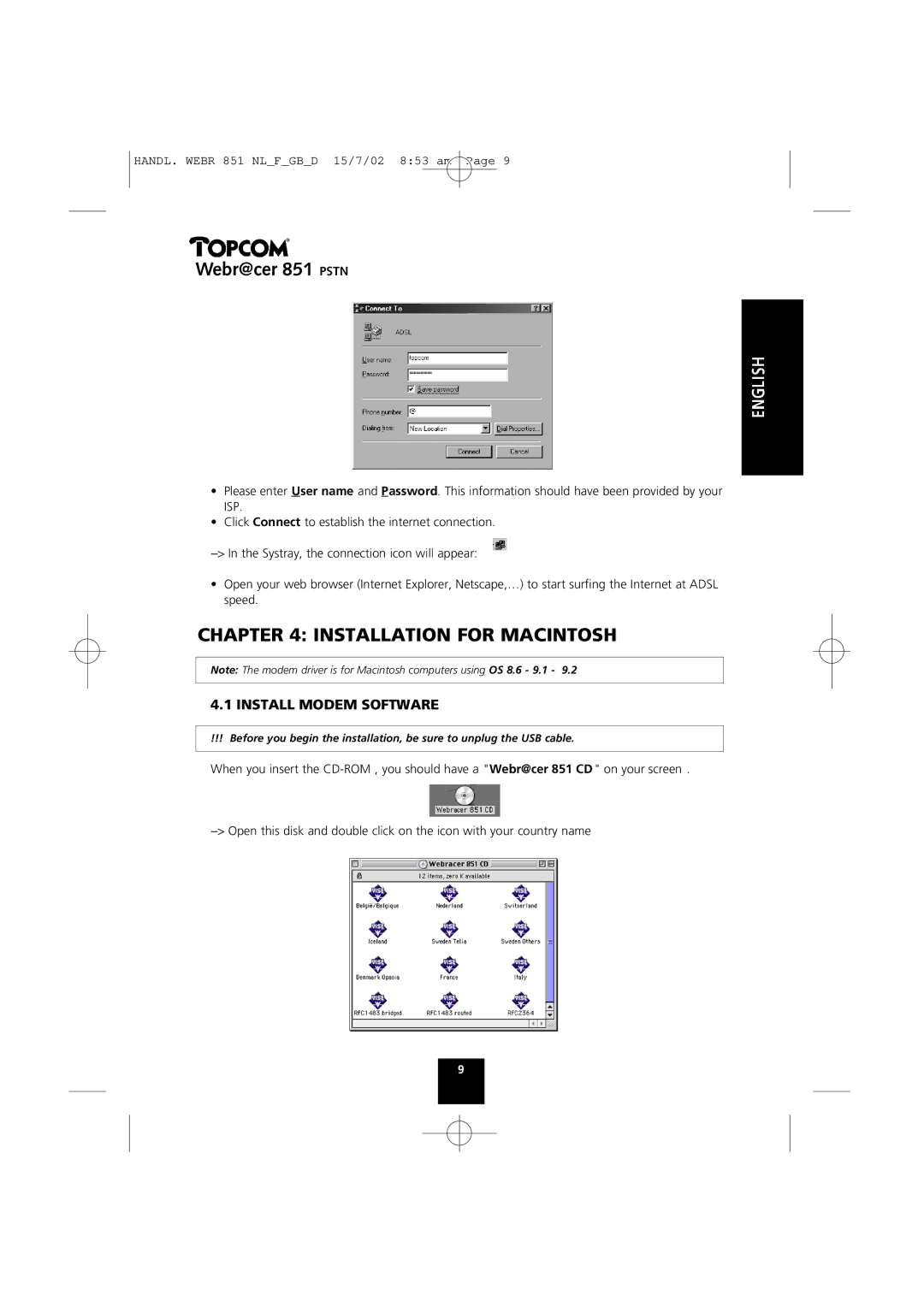 Topcom 851 PSTN manual Installation for Macintosh, Install Modem Software 