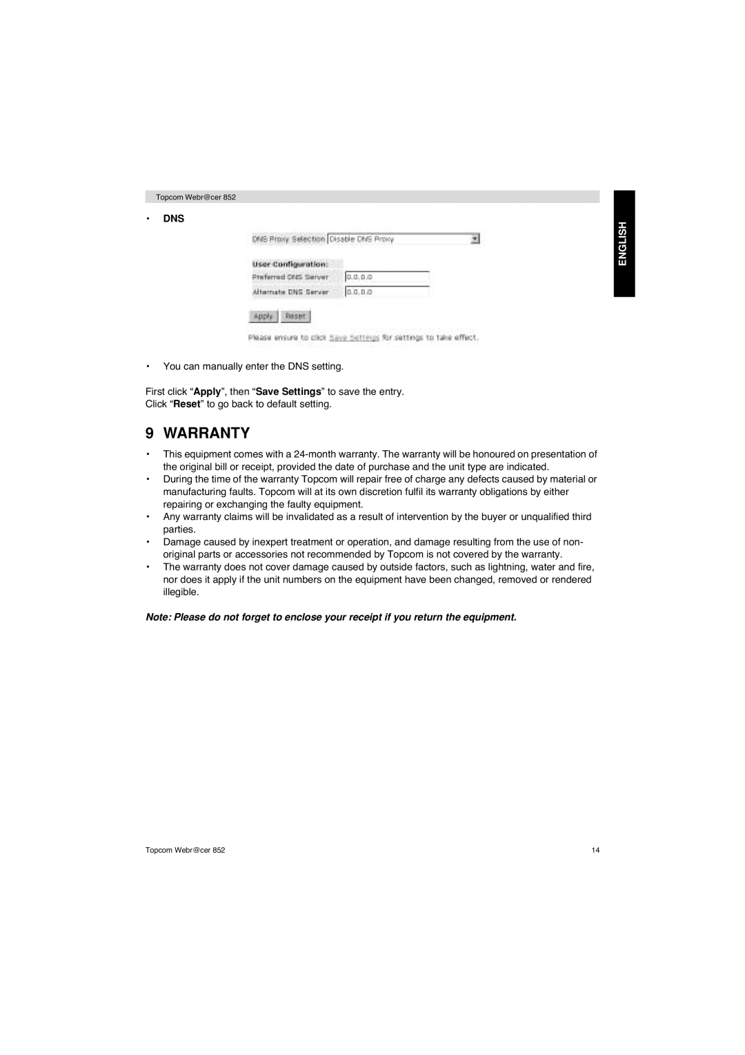 Topcom 852 PSTN manual Warranty, Dns 