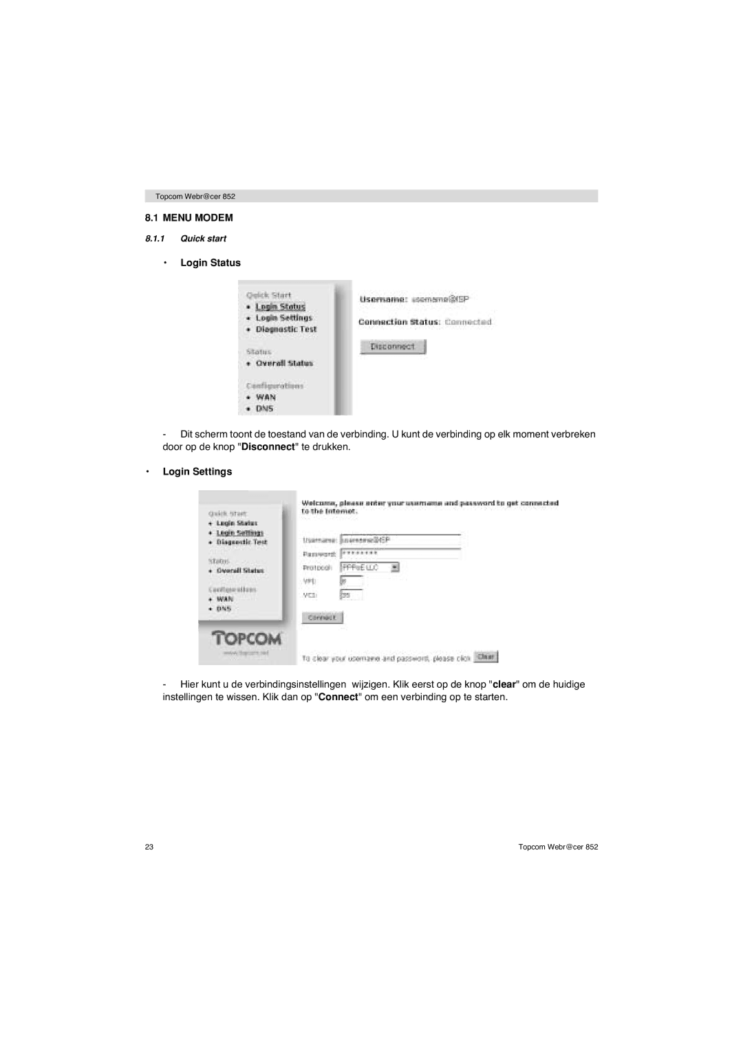 Topcom 852 PSTN manual Menu Modem 