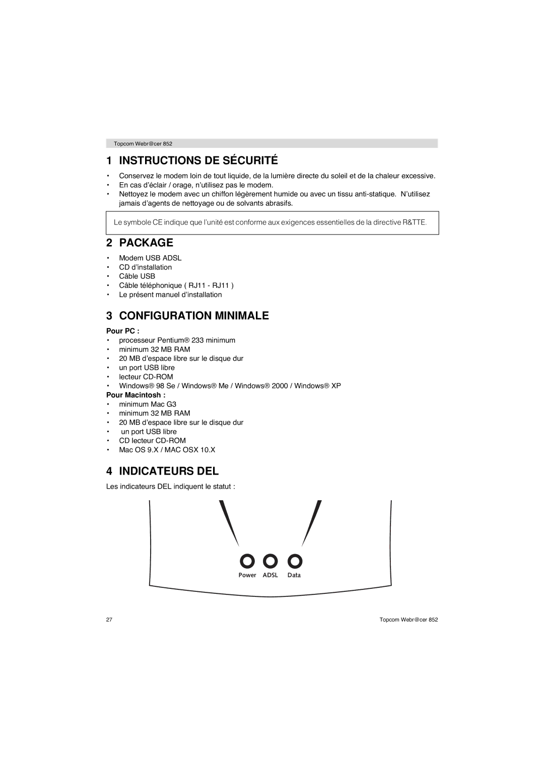 Topcom 852 PSTN manual Instructions DE Sécurité, Configuration Minimale, Indicateurs DEL, Pour PC, Pour Macintosh 