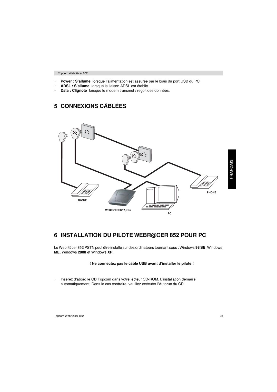 Topcom 852 PSTN manual Connexions Câblées, Installation DU Pilote WEBR@CER 852 Pour PC 