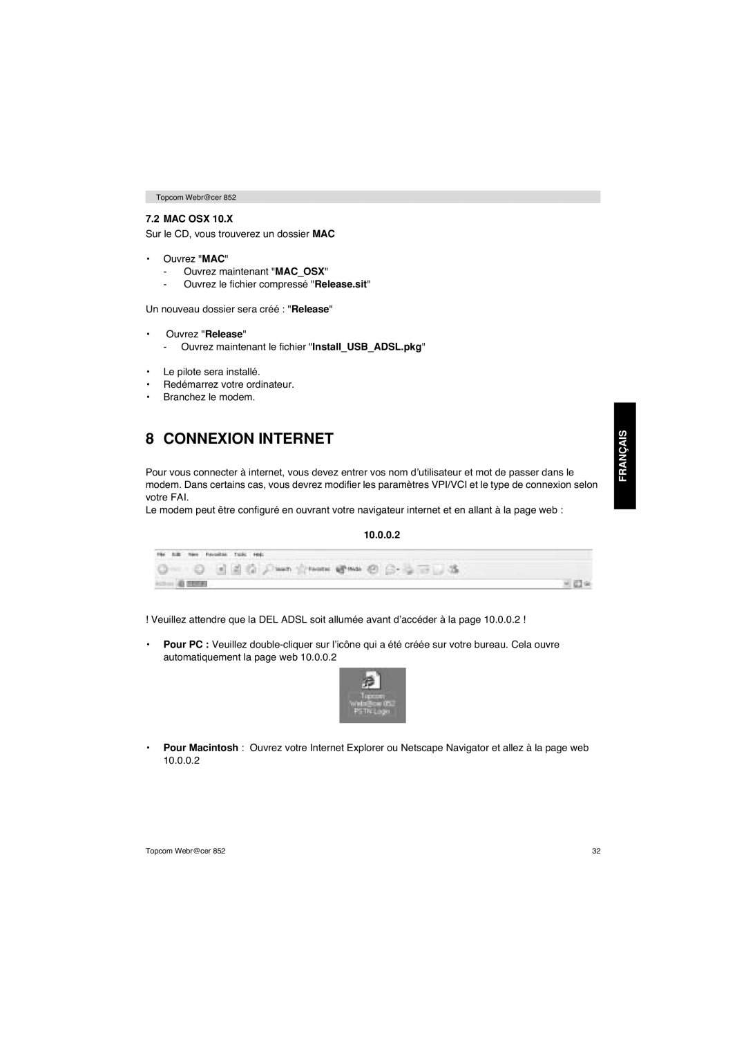 Topcom 852 PSTN manual Connexion Internet, Mac Osx 