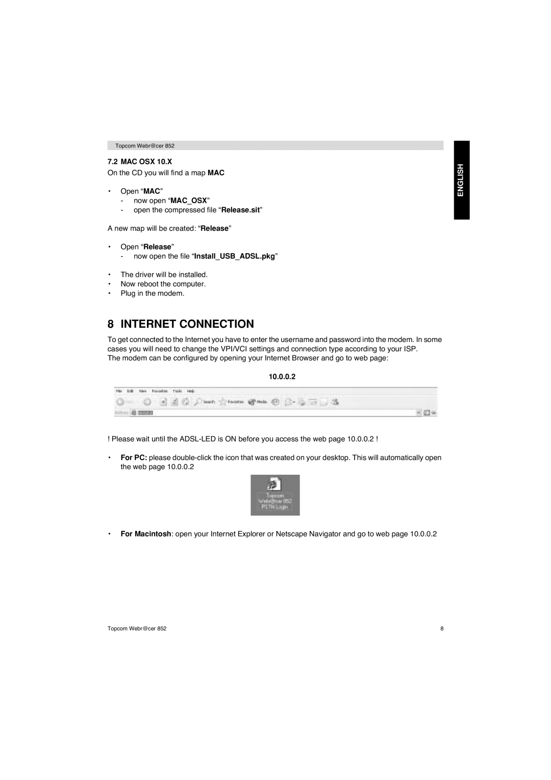 Topcom 852 PSTN manual Internet Connection, Mac Osx, 10.0.0.2 