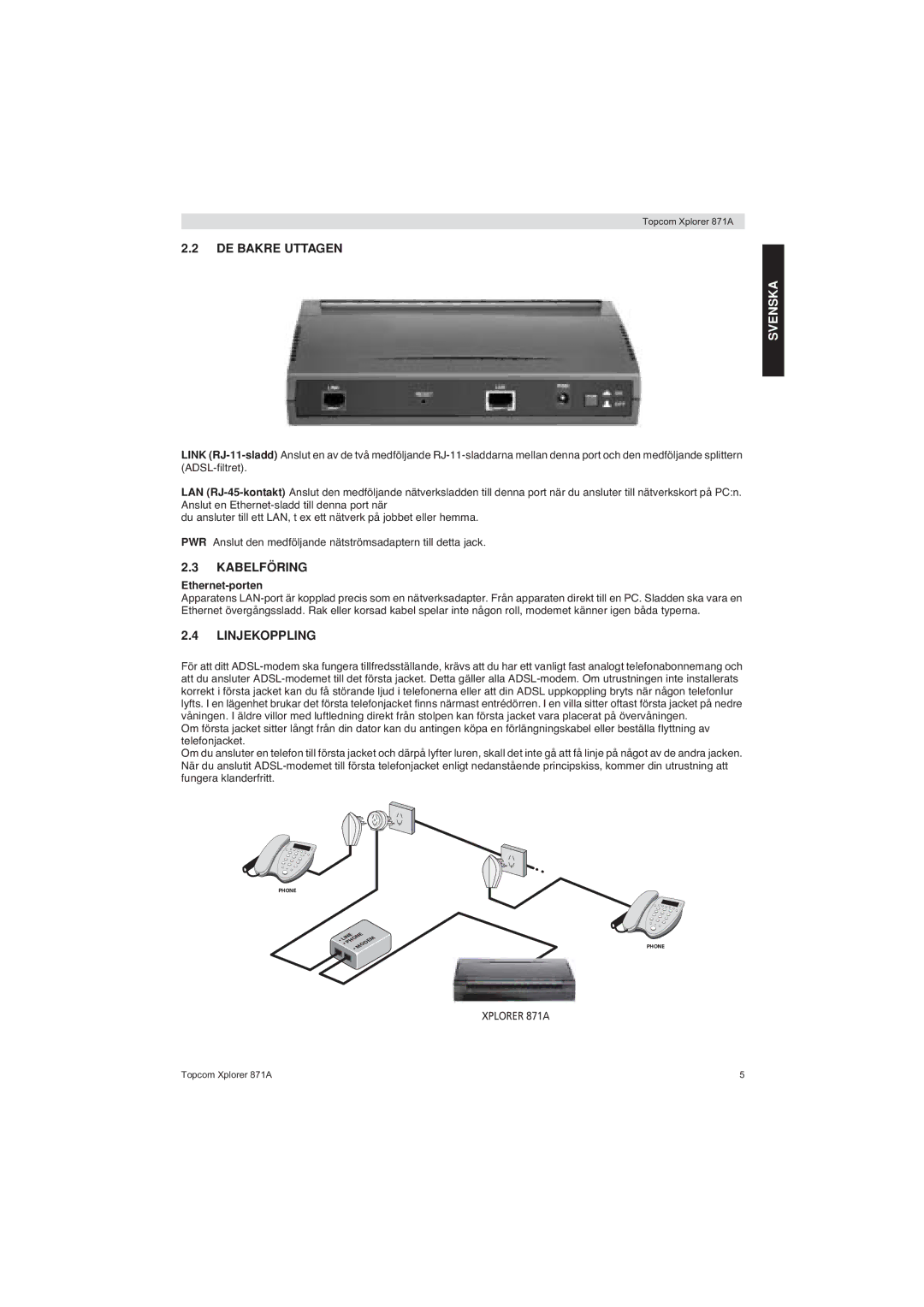 Topcom 871A manual DE Bakre Uttagen, Kabelföring, Linjekoppling 