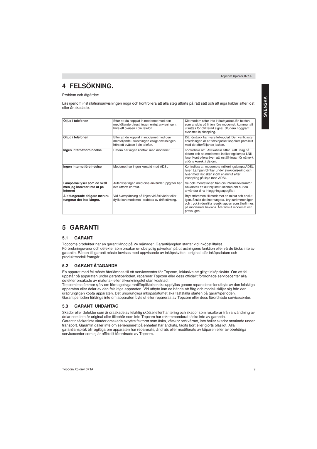 Topcom 871A manual Felsökning, Garantiåtagande, Garanti Undantag 