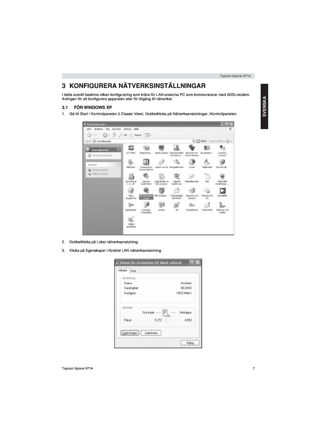 Topcom 871A manual Konfigurera Nätverksinställningar, 3.1 FÖR WINDOWS XP, Svenska 