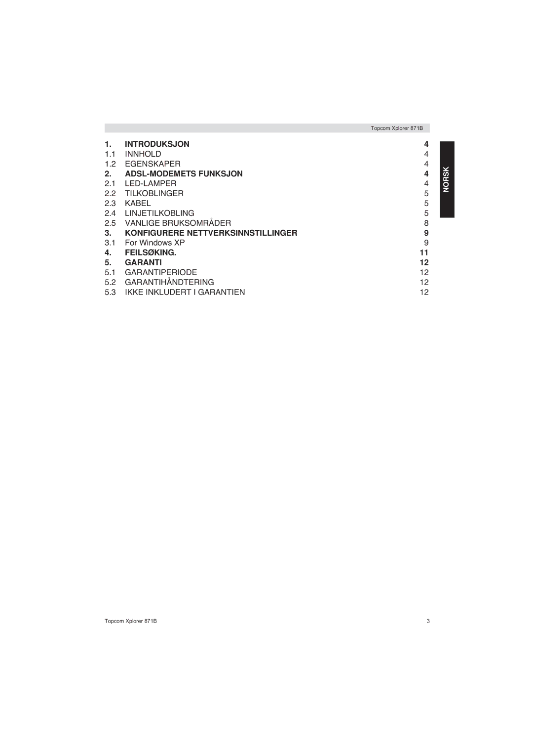 Topcom 871B manual Introduksjon 