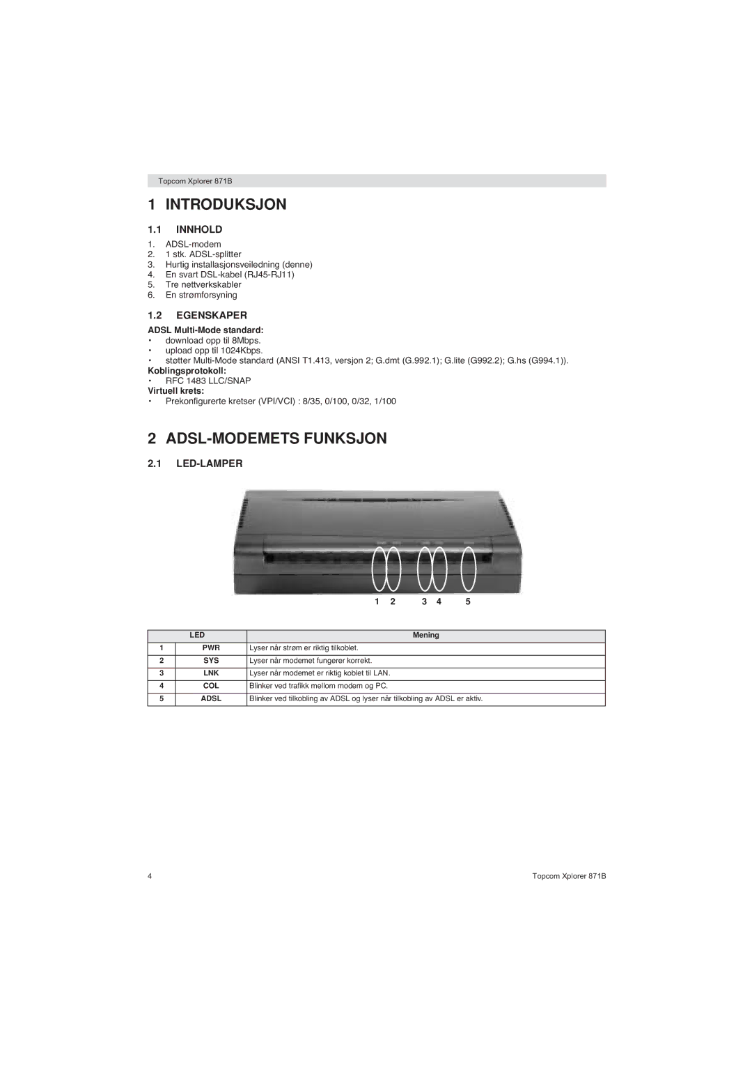 Topcom 871B manual Introduksjon, ADSL-MODEMETS Funksjon, Innhold, Egenskaper, Led-Lamper 