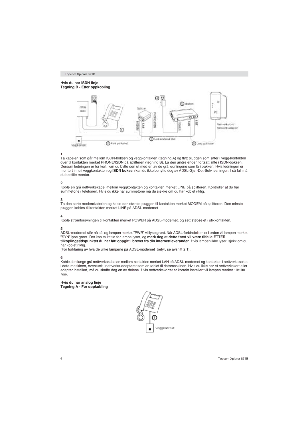 Topcom 871B manual Hvis du har analog linje Tegning a Før oppkobling 