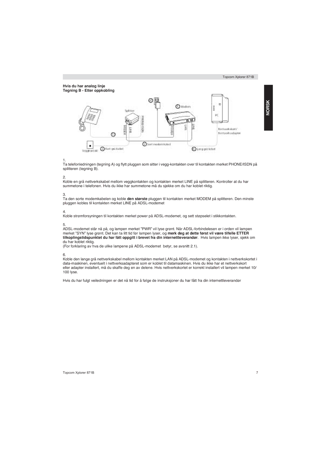 Topcom 871B manual Hvis du har analog linje Tegning B Etter oppkobling 