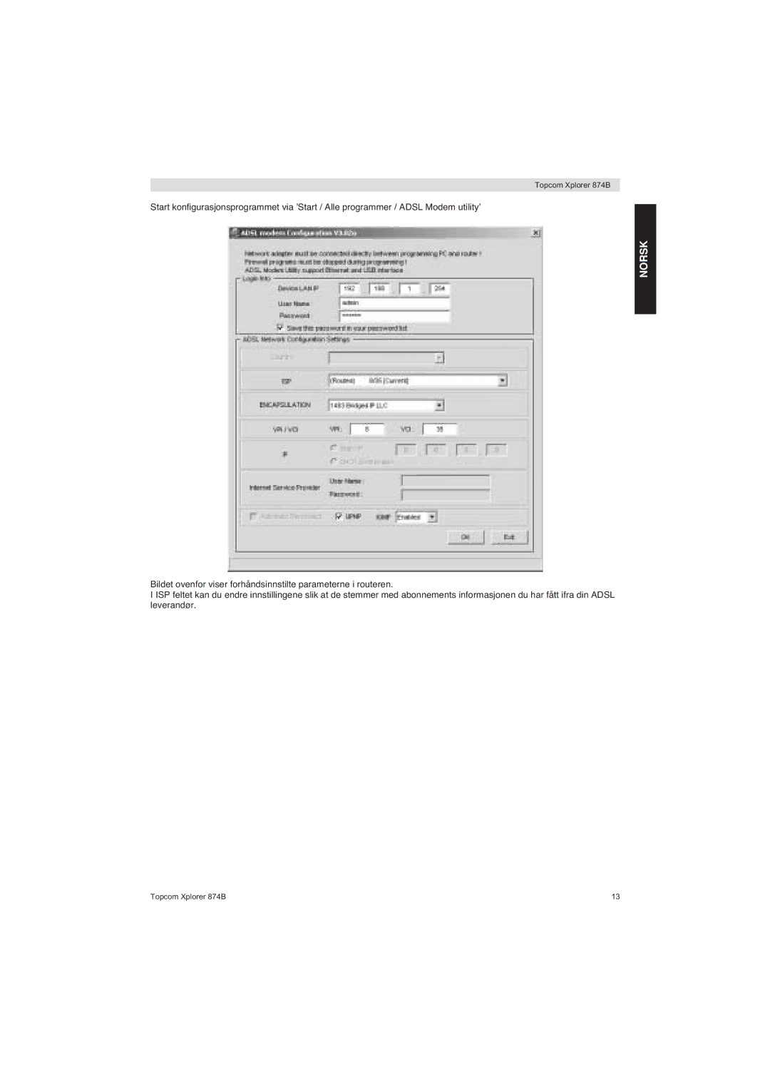 Topcom 874B manual Norsk 