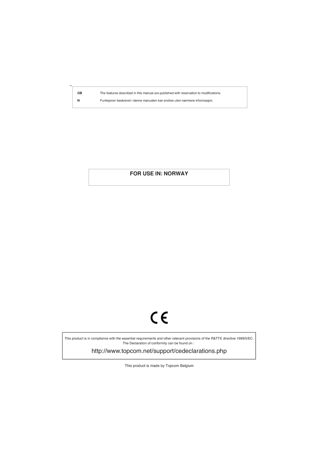 Topcom 874B manual For USE in Norway 