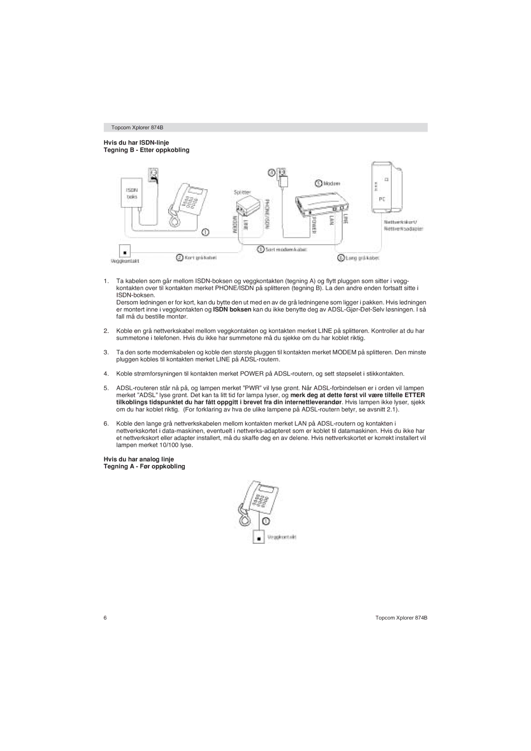 Topcom 874B manual Hvis du har analog linje Tegning a Før oppkobling 