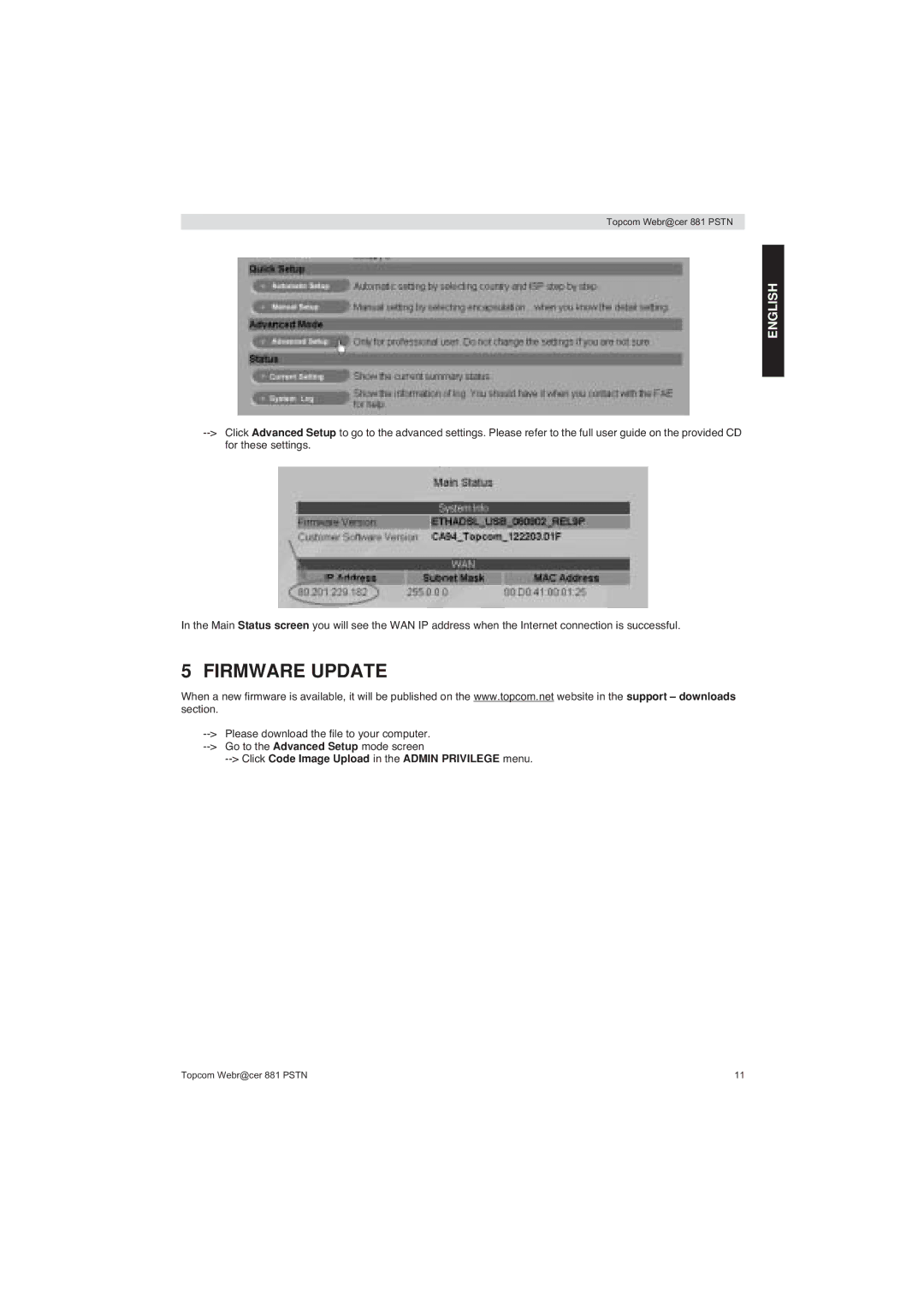 Topcom 881 PSTN manual do utilizador Firmware Update, Click Code Image Upload in the Admin Privilege menu 