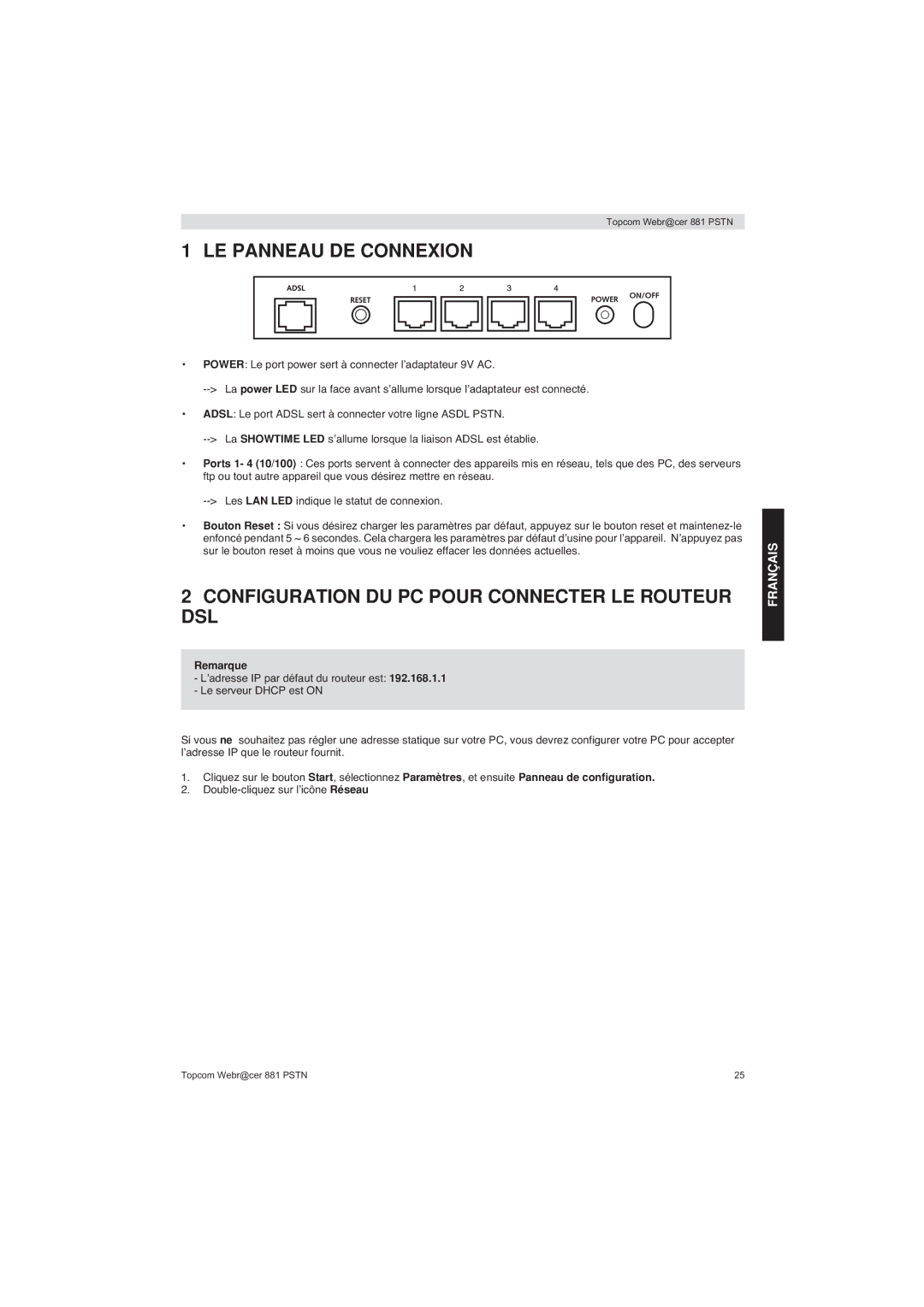 Topcom 881 PSTN LE Panneau DE Connexion, Configuration DU PC Pour Connecter LE Routeur DSL, Français, Remarque 