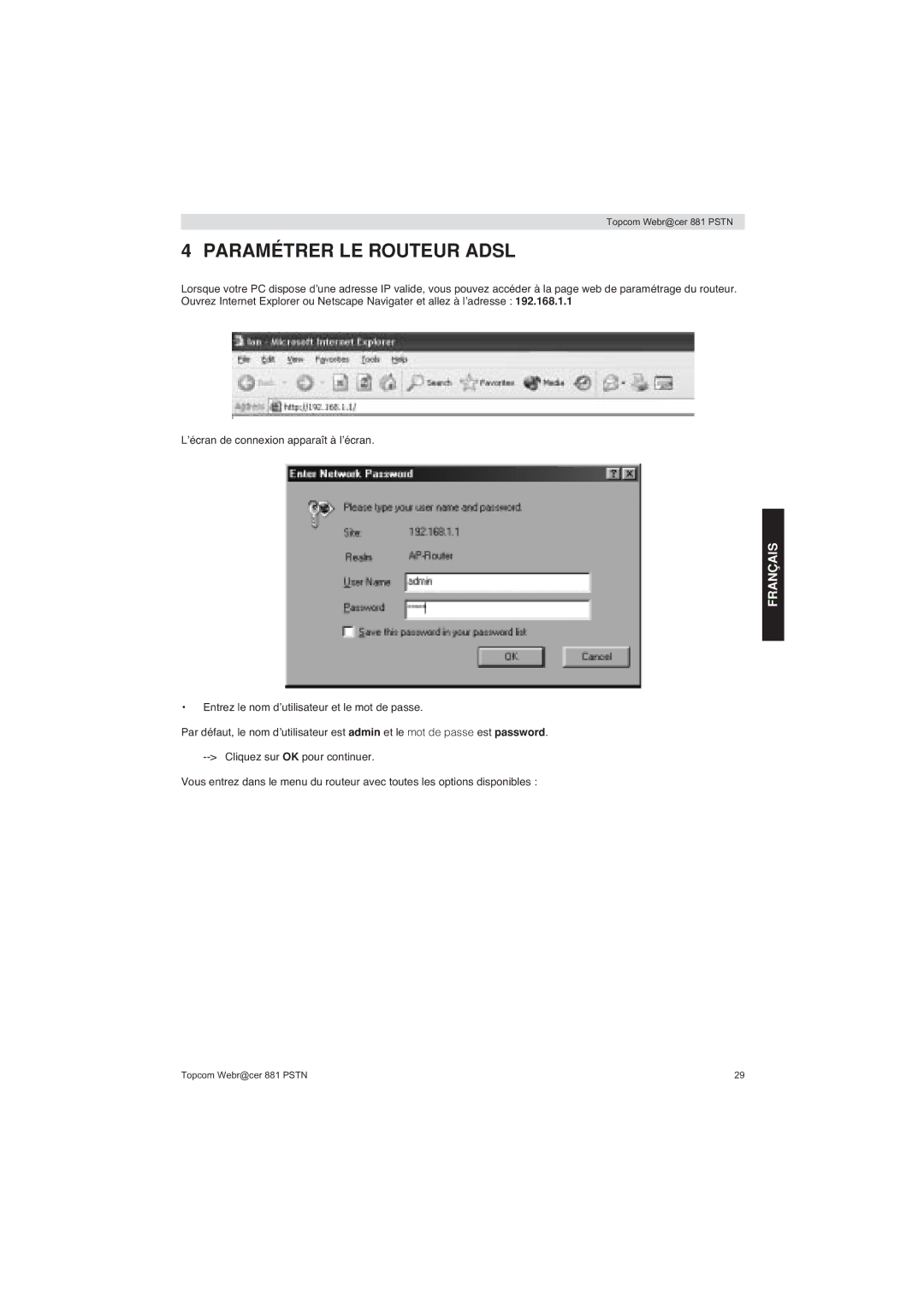 Topcom 881 PSTN manual do utilizador Paramétrer LE Routeur Adsl 