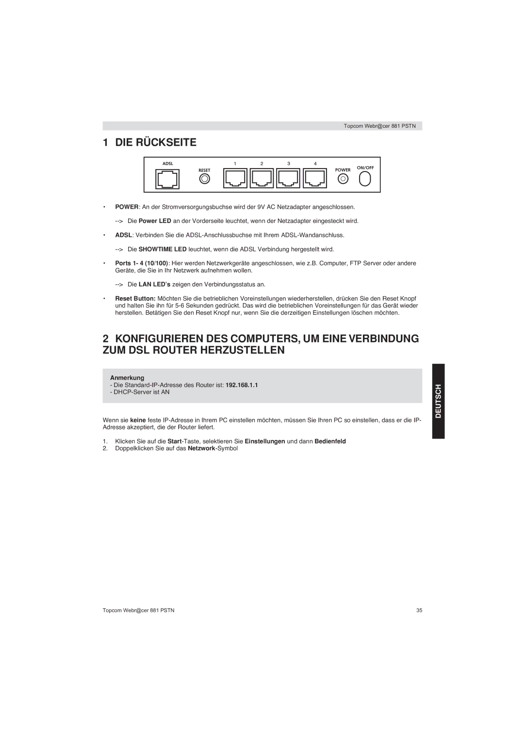 Topcom 881 PSTN manual do utilizador DIE Rückseite, Deutsch, Anmerkung 