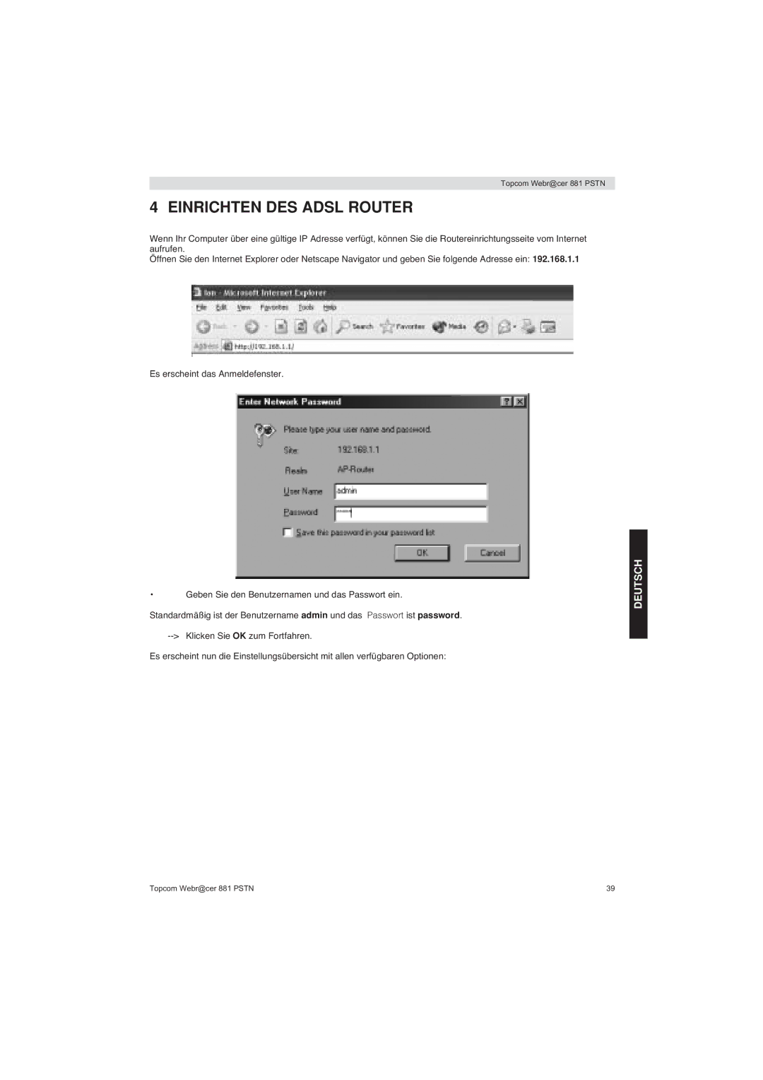 Topcom 881 PSTN manual do utilizador Einrichten DES Adsl Router 