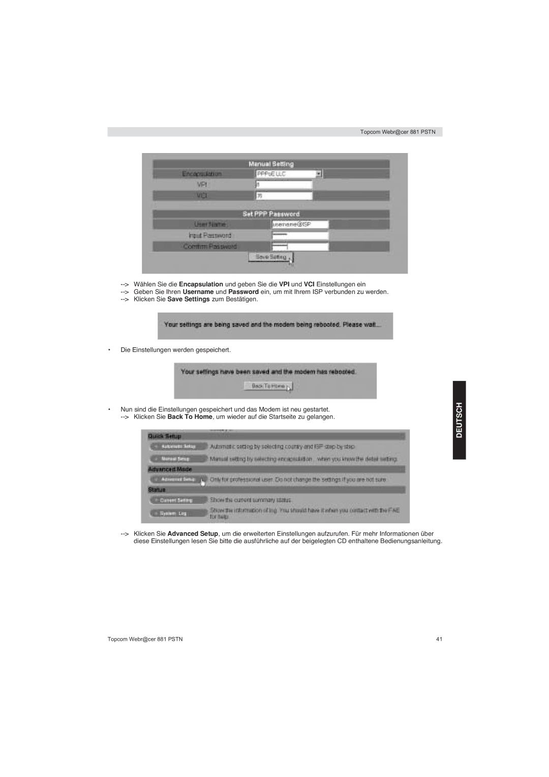 Topcom 881 PSTN manual do utilizador Deutsch 