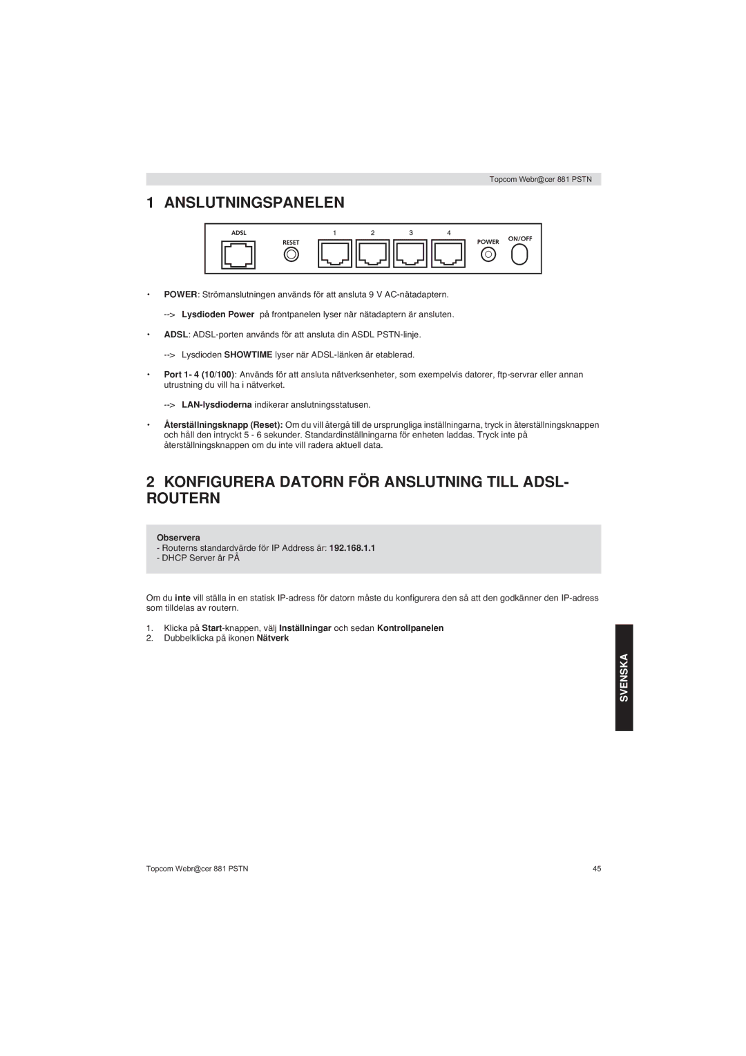 Topcom 881 PSTN Anslutningspanelen, Konfigurera Datorn FÖR Anslutning Till ADSL- Routern, Svenska, Observera 