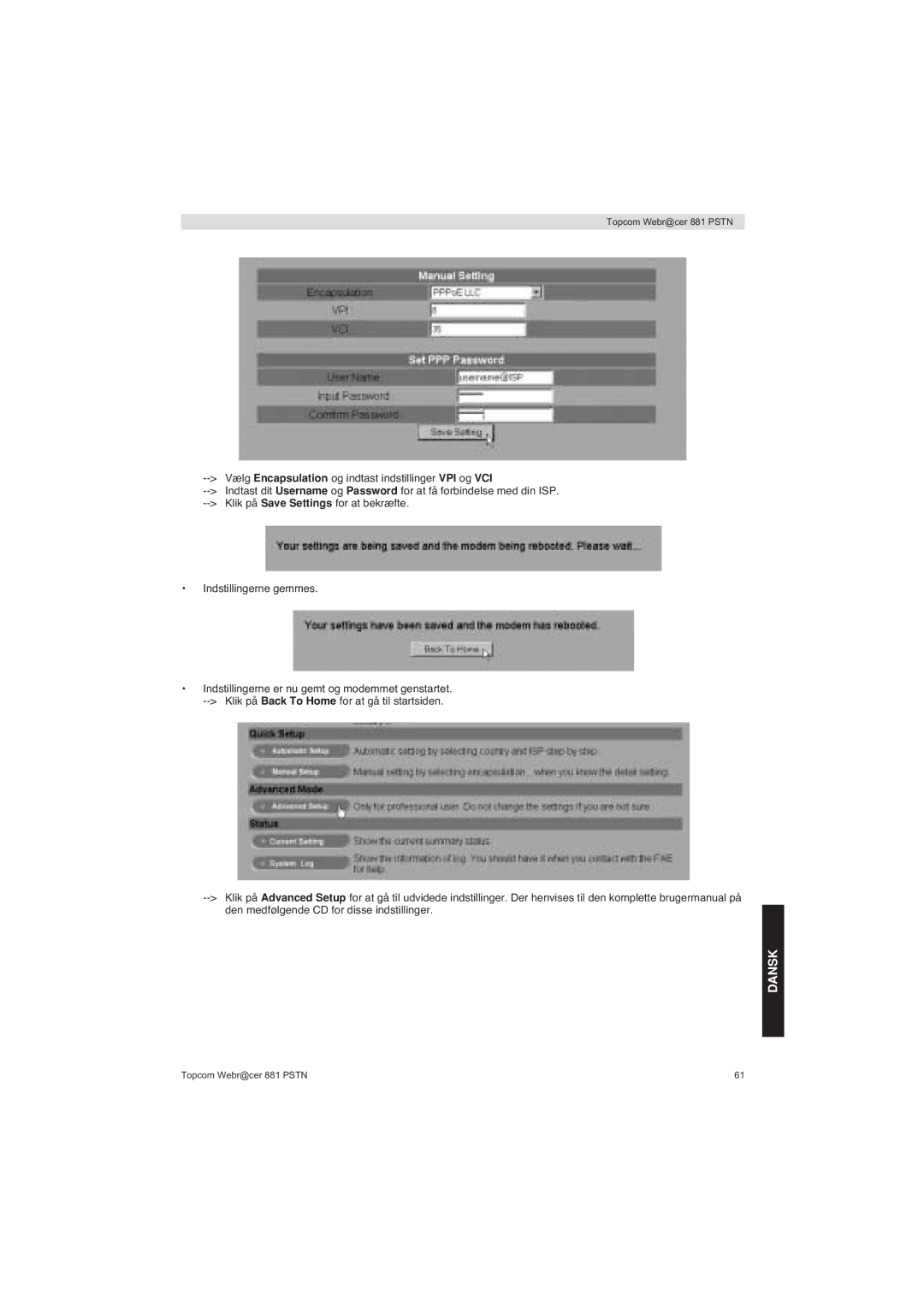 Topcom 881 PSTN manual do utilizador Dansk 