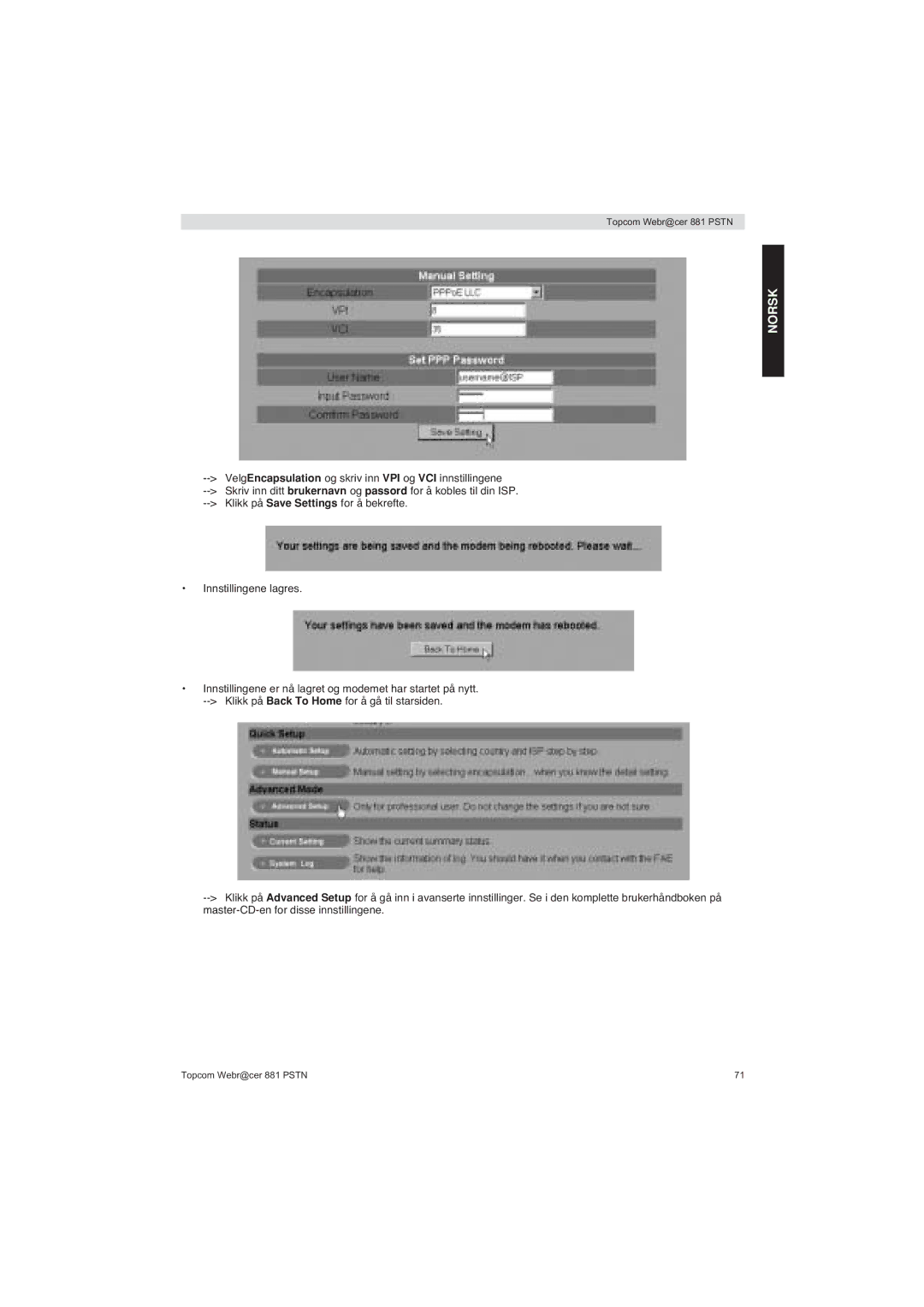 Topcom 881 PSTN manual do utilizador Norsk 