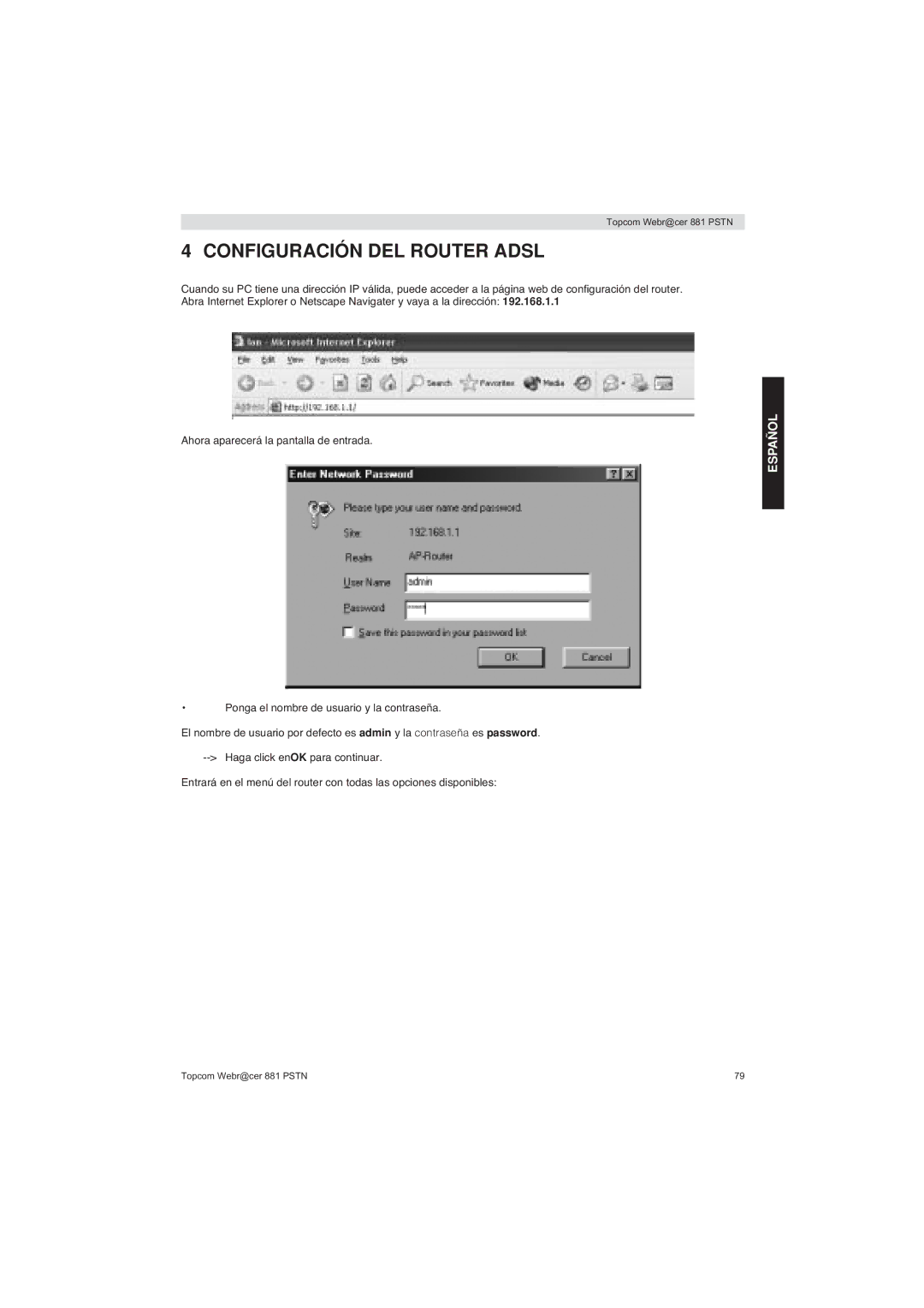 Topcom 881 PSTN manual do utilizador Configuración DEL Router Adsl 