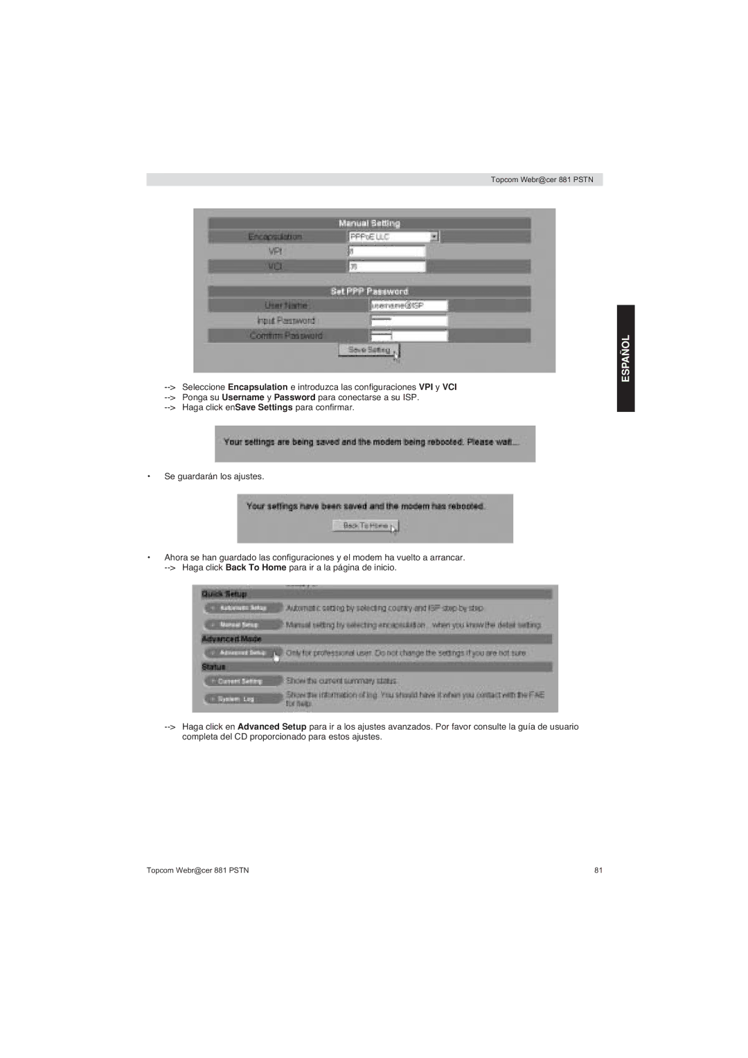 Topcom 881 PSTN manual do utilizador Español 