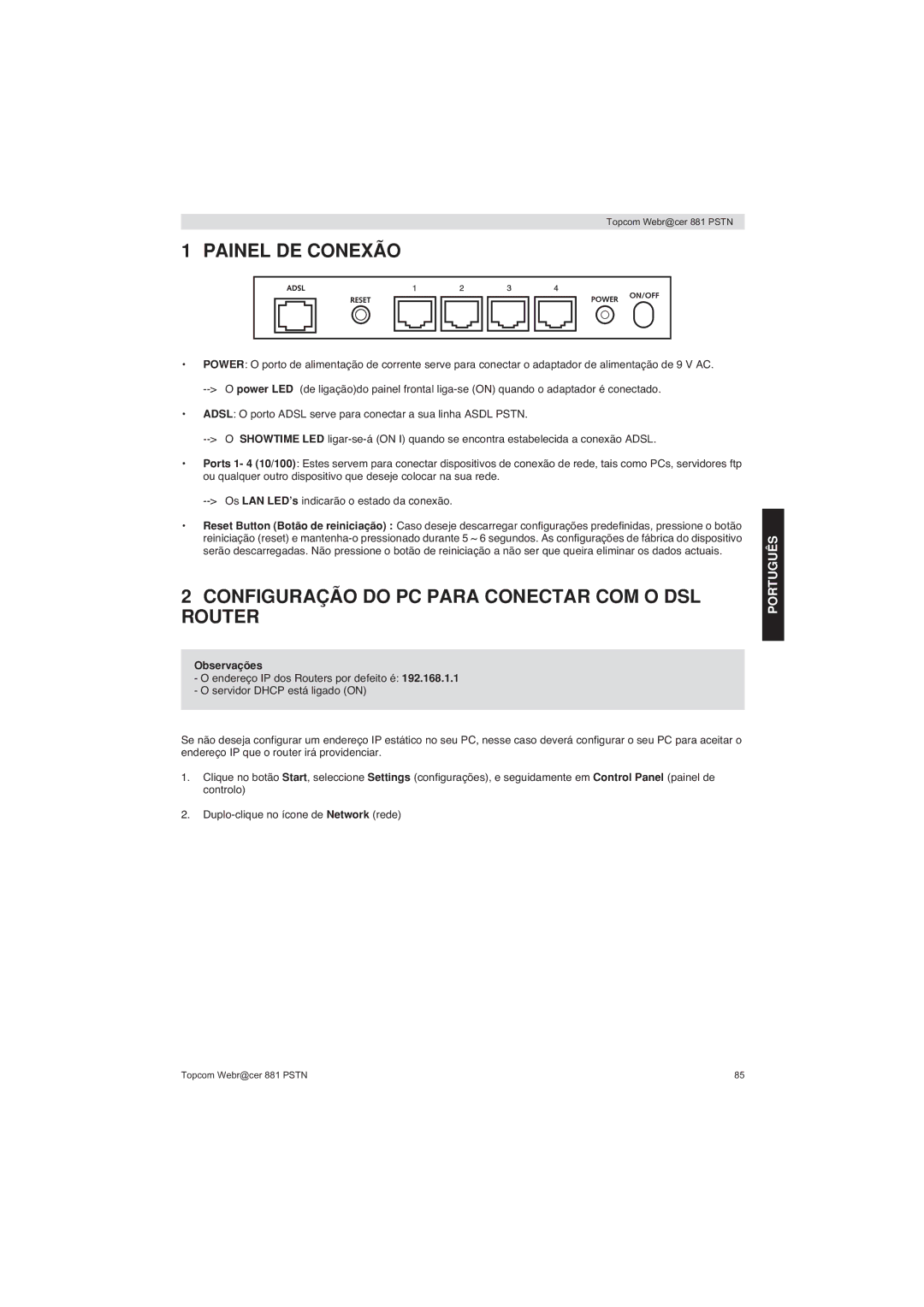 Topcom 881 PSTN Painel DE Conexão, Configuração do PC Para Conectar COM O DSL Router, Português, Observações 