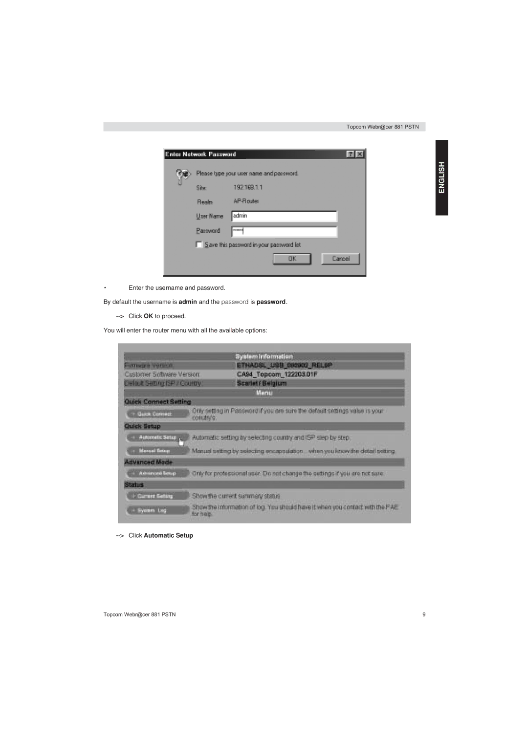 Topcom 881 PSTN manual do utilizador Click Automatic Setup 