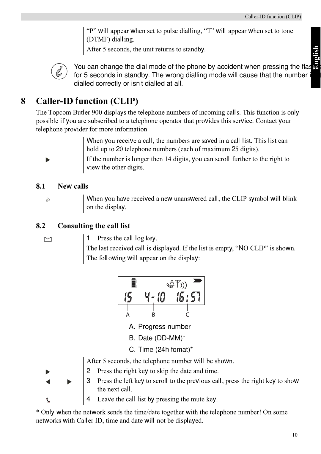Topcom 900 manual Caller-ID function Clip, New calls, Consulting the call list 