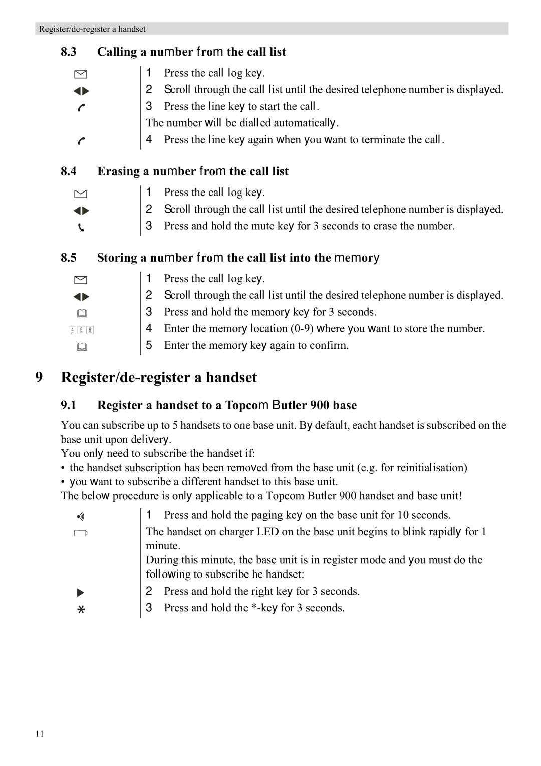 Topcom 900 manual Register/de-register a handset, Calling a number from the call list, Erasing a number from the call list 