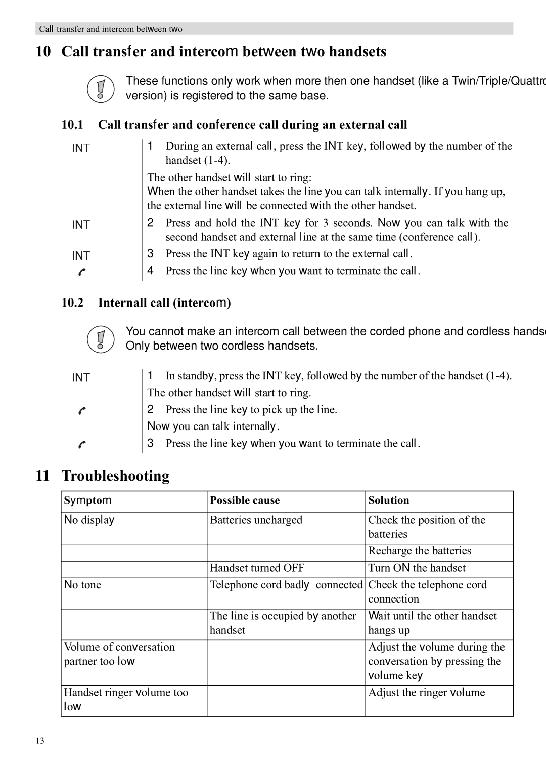 Topcom 900 manual Call transfer and intercom between two handsets, Troubleshooting, Internall call intercom 