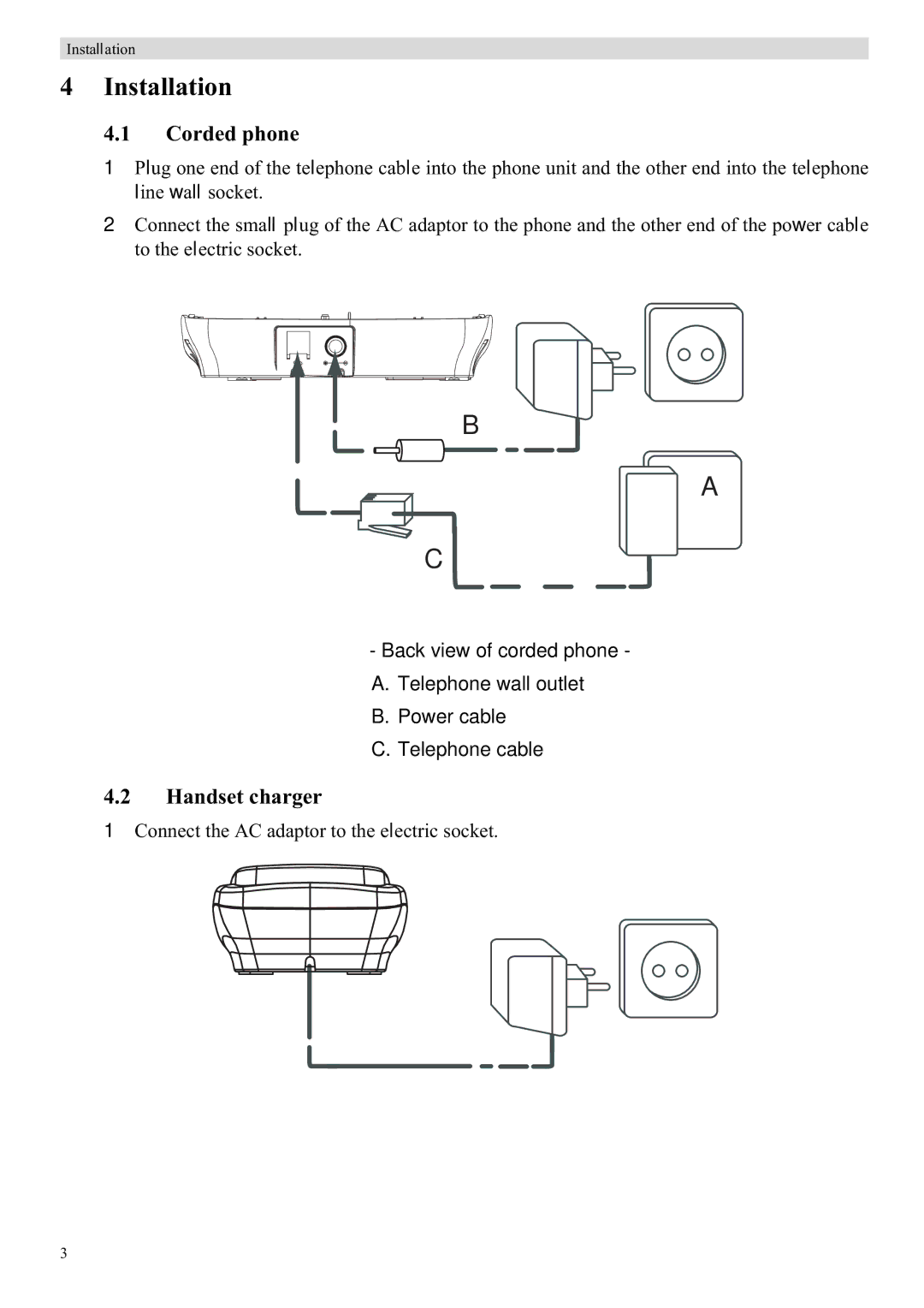 Topcom 900 manual Installation, Handset charger 