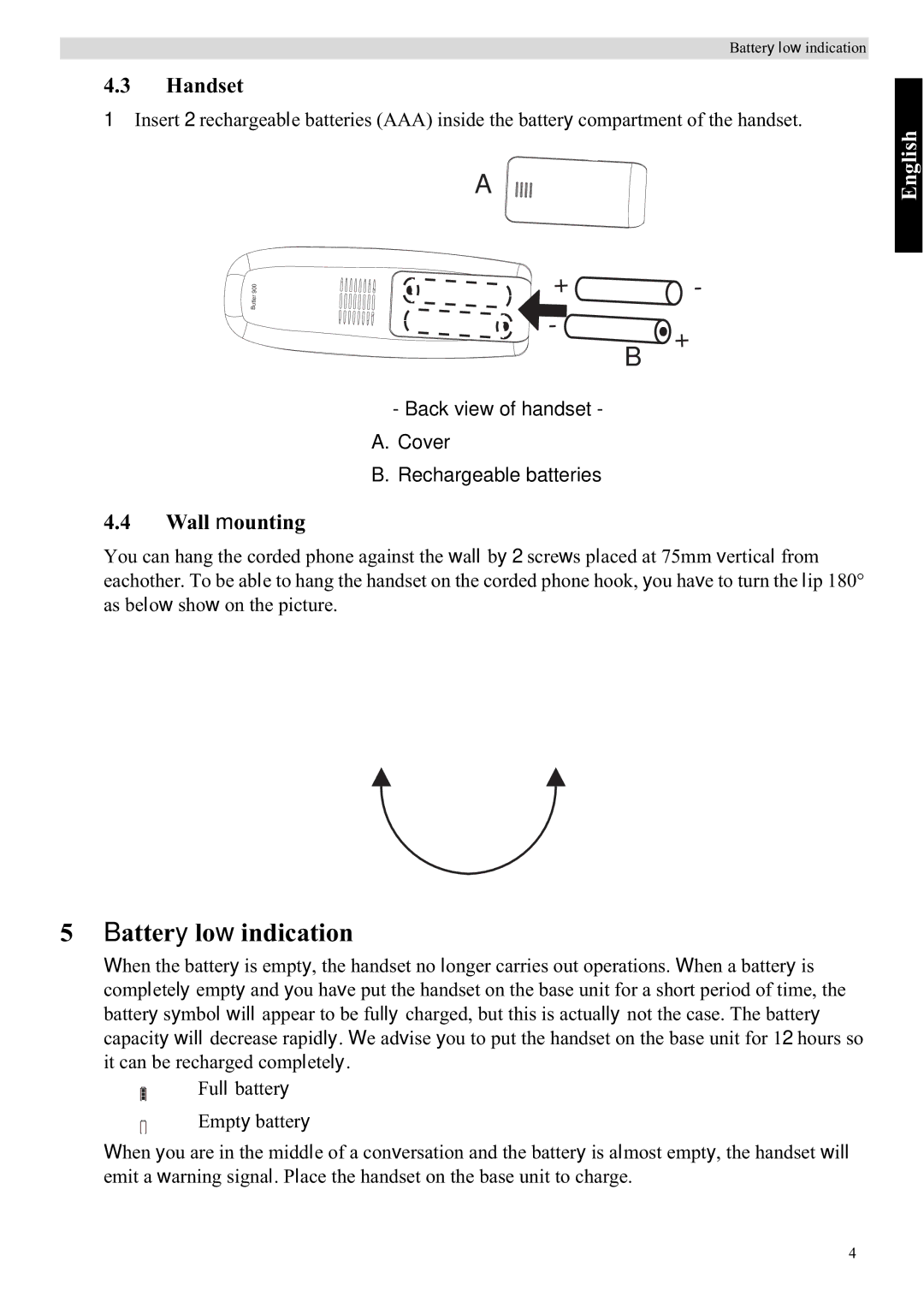 Topcom 900 manual Battery low indication, Handset, Wall mounting 