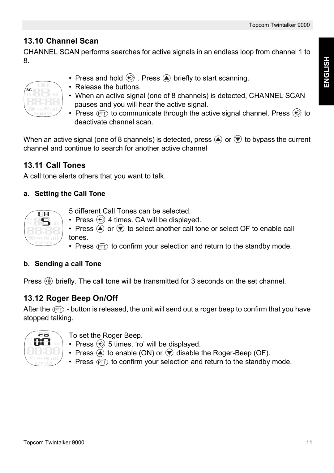 Topcom 9000 manual Channel Scan, Call Tones, Roger Beep On/Off 