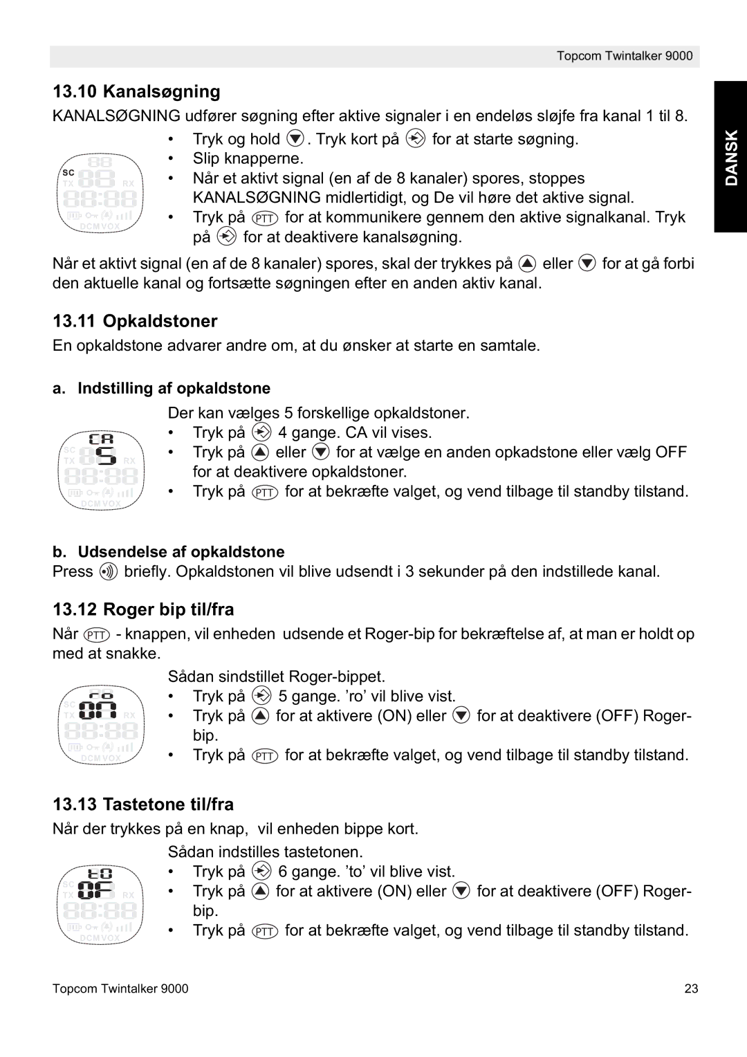 Topcom 9000 manual Kanalsøgning, Opkaldstoner, Roger bip til/fra, Tastetone til/fra 