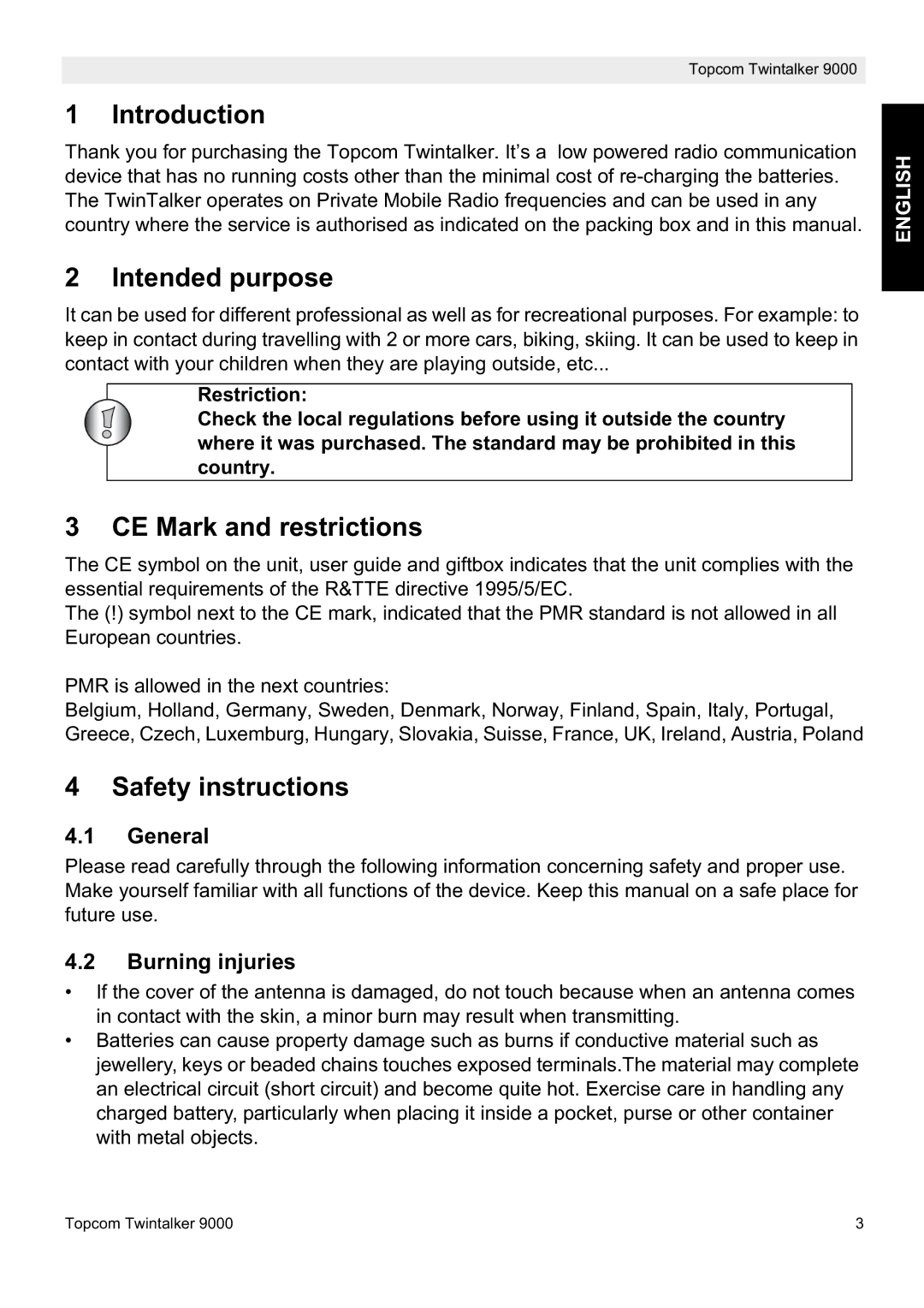 Topcom 9000 manual Introduction, Intended purpose, CE Mark and restrictions, Safety instructions 