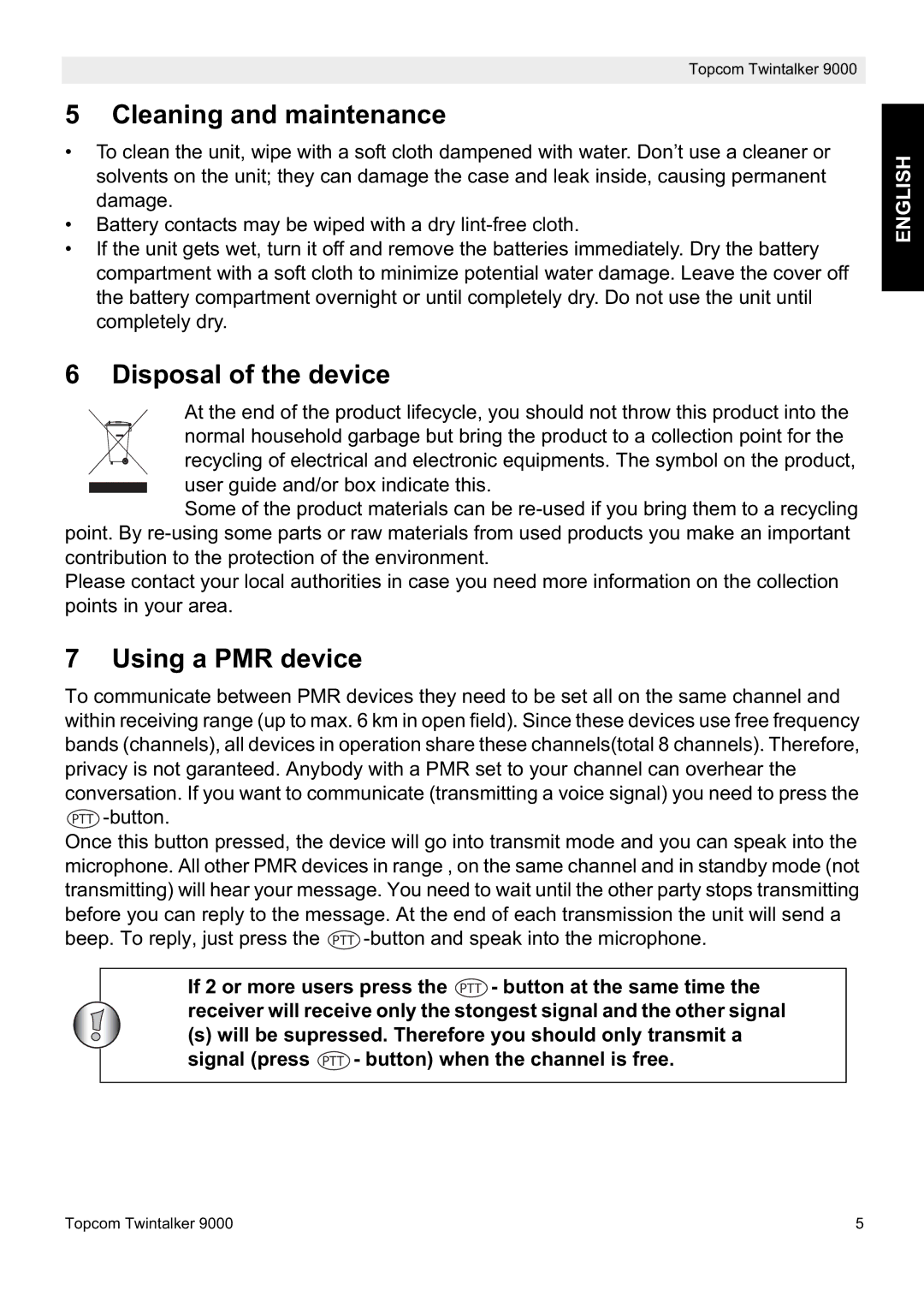 Topcom 9000 manual Cleaning and maintenance, Disposal of the device, Using a PMR device 