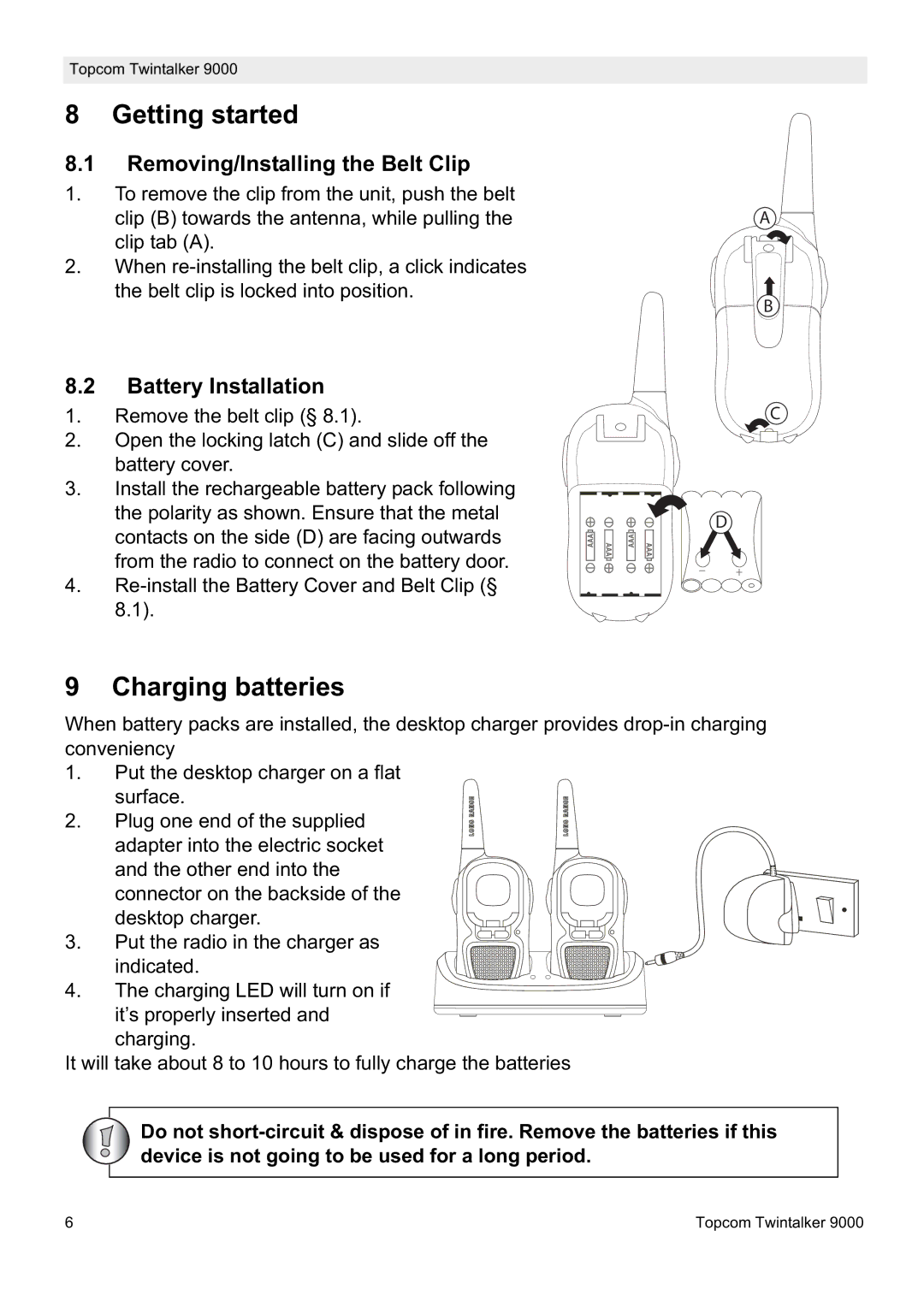 Topcom 9000 manual Getting started, Charging batteries, Removing/Installing the Belt Clip, Battery Installation 