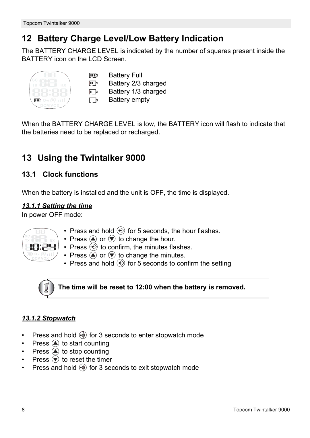 Topcom 9000 manual Battery Charge Level/Low Battery Indication, Using the Twintalker, Clock functions 